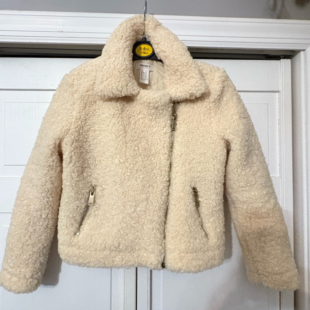 5/6 girls forever 21 Cream Sherpa moto style Jacket - Picture 3 of 9
